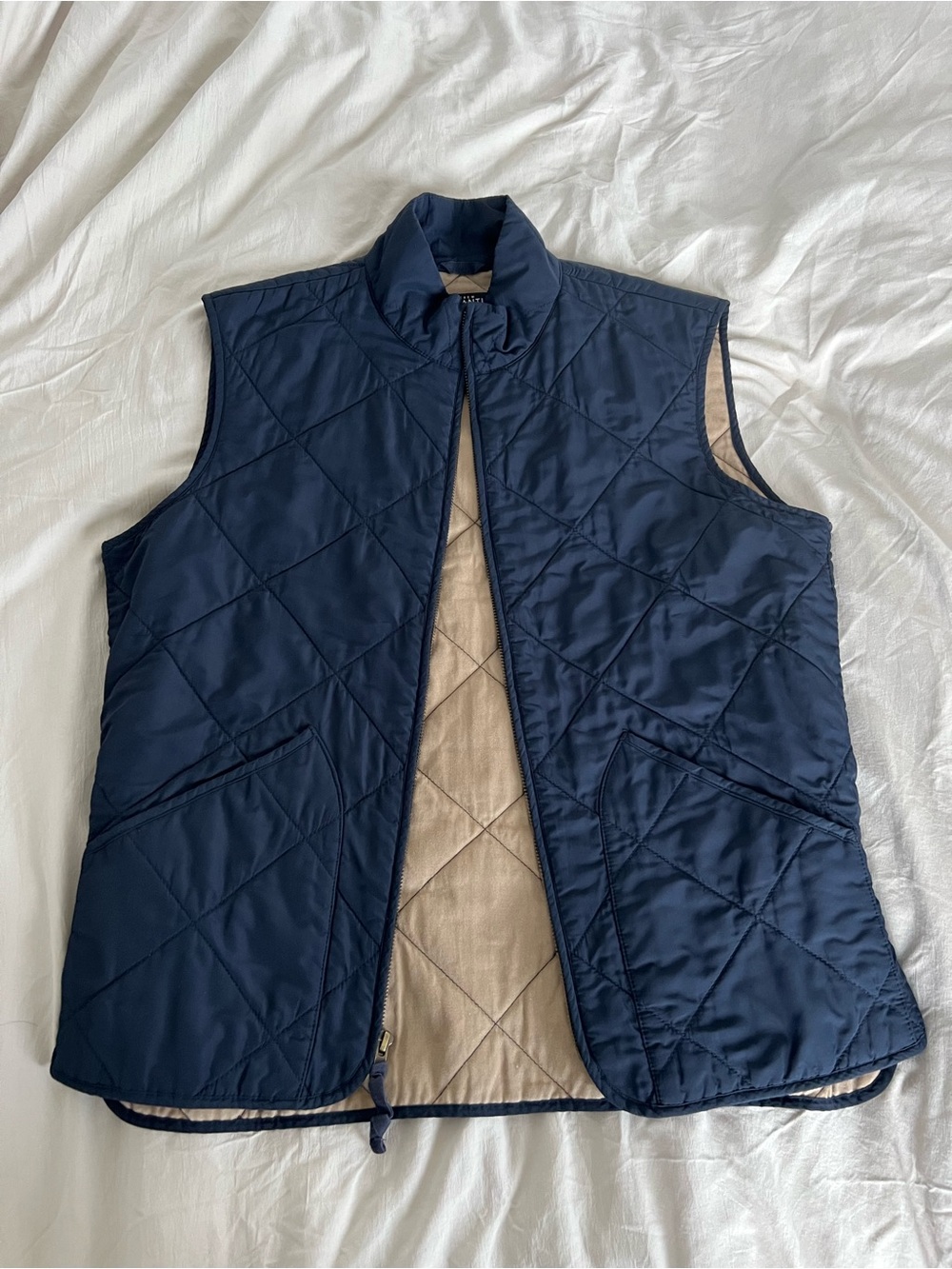 J. Crew Quilted Navy Vest with Beige Interior